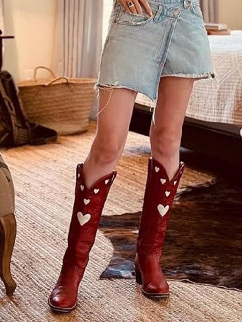 Women's Red Wide Calf Round Toe Chunky Stacked Heel Knee High Cowgirl Boot - Picture 6 of 6